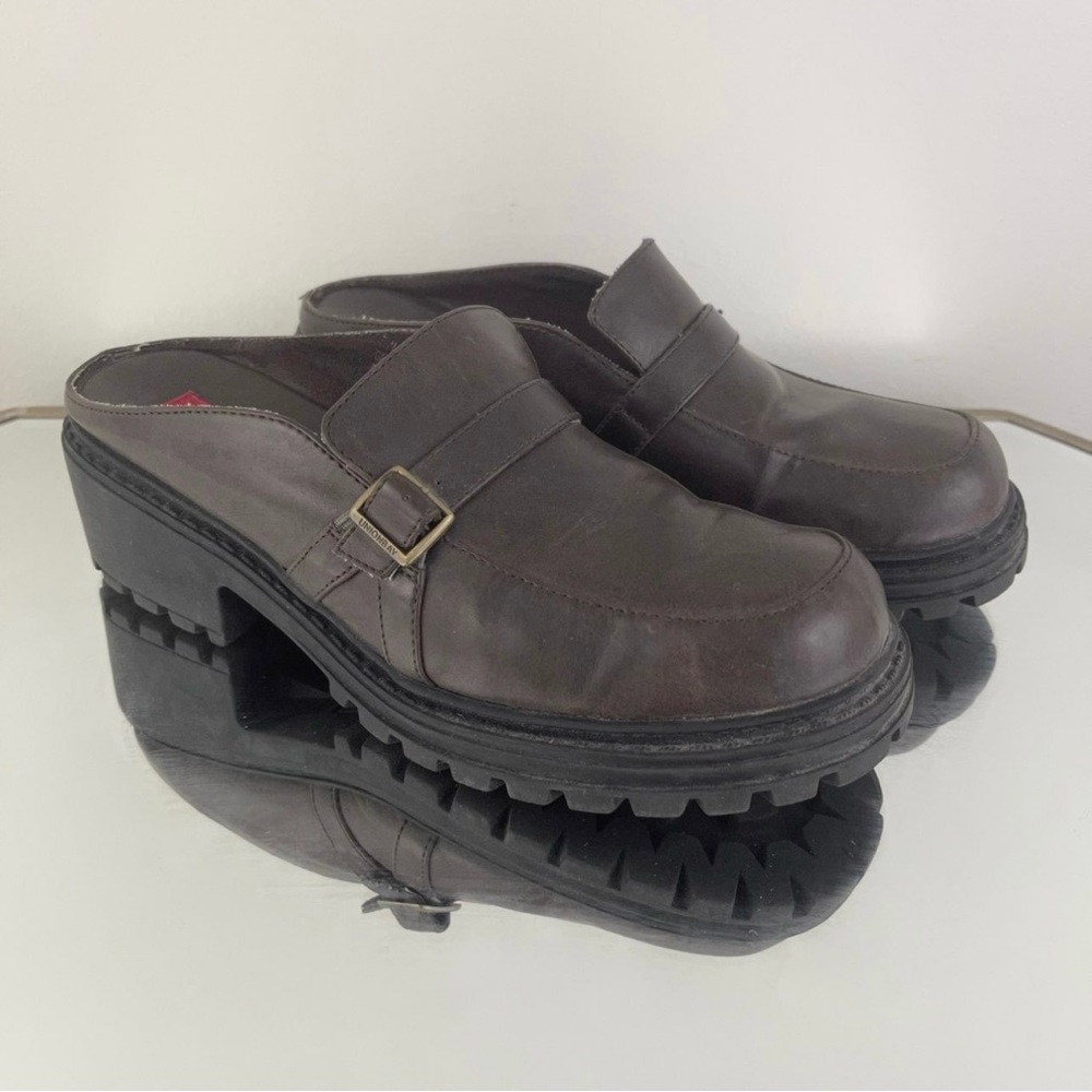 UNIONBAY Vintage 90s Y2K Brown Faux Leather Platform Chunky Heel Slip On Loafers